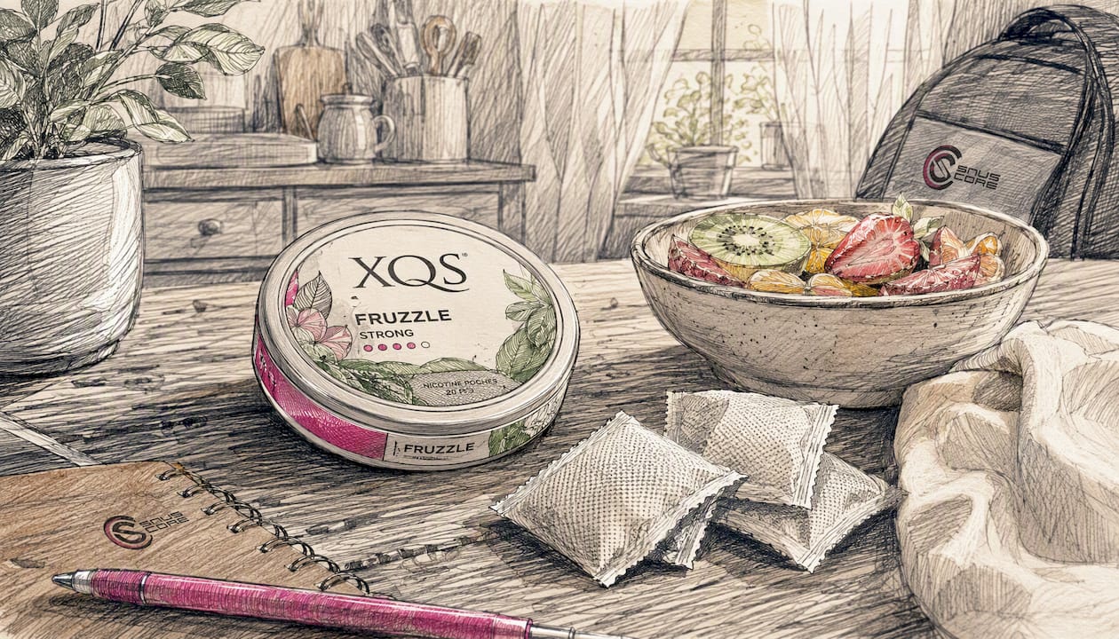 Close-up of XQS Fruzzle Strong nicotine pouch near berries