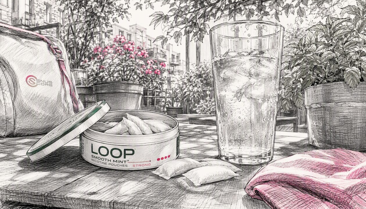 LOOP Smooth Mint pouches open near glass of water on kitchen counter