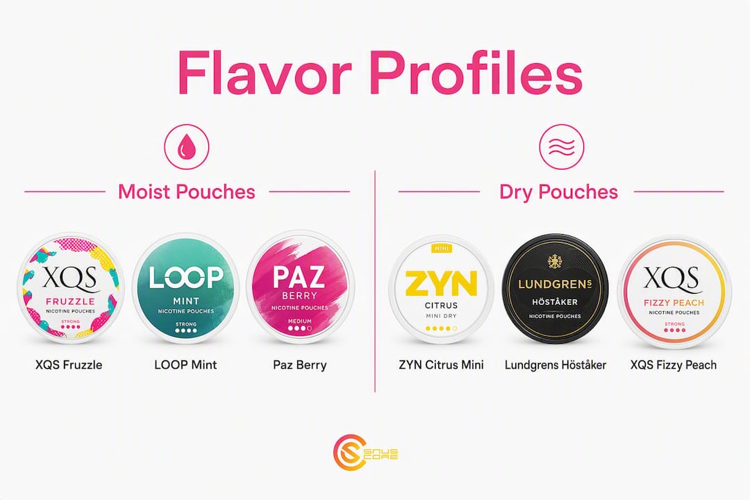 Infographic comparing moist and dry nicotine pouch flavors