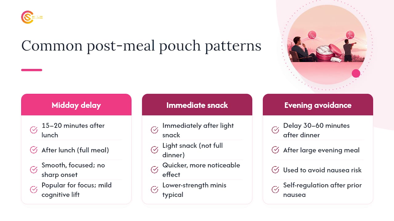 What post-meal pouch use actually looks like for most users — overview diagram
