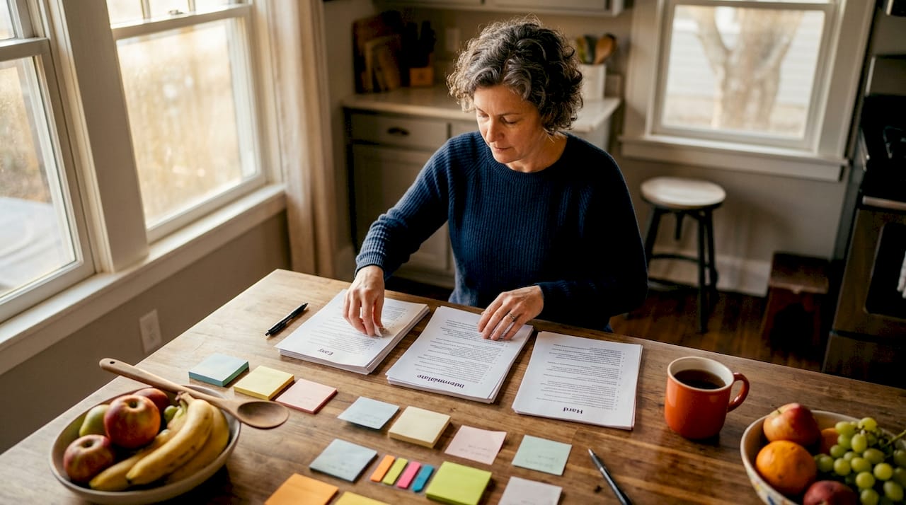 Woman sorting sports trivia questions at desk
