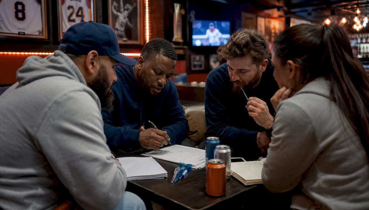Group playing MLB trivia at bar table