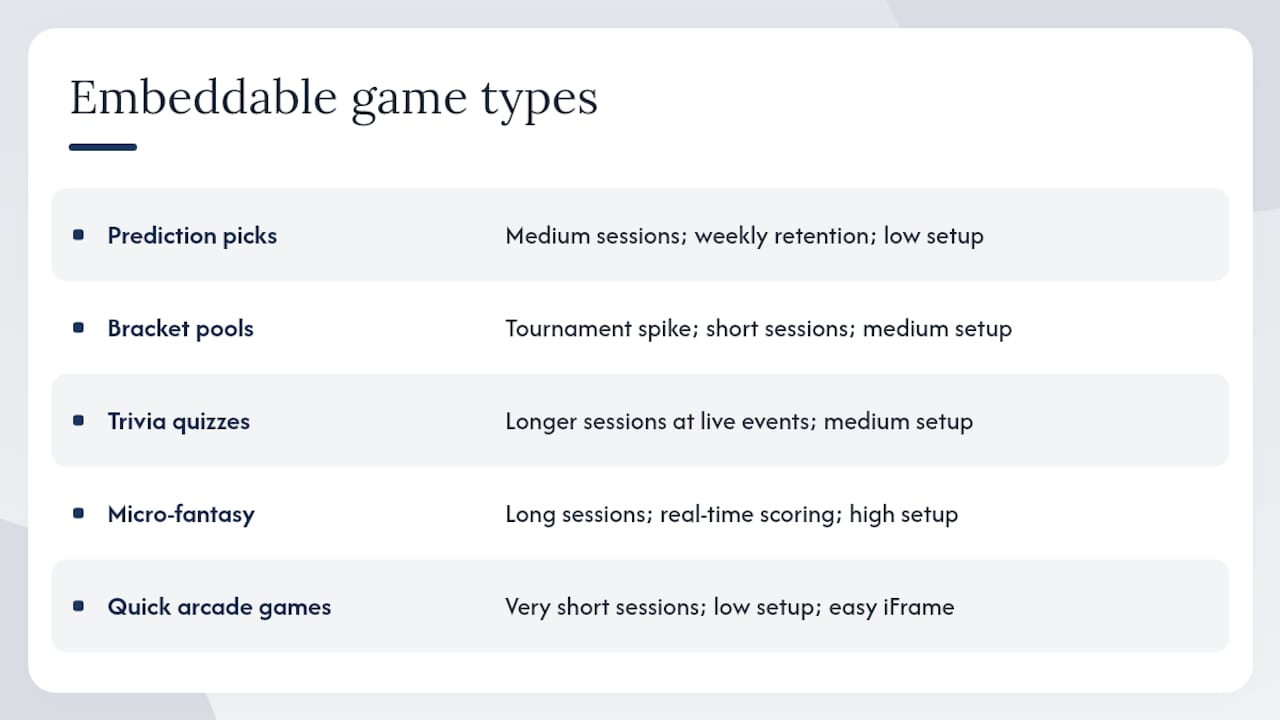 Comparison chart of embeddable office sports game types