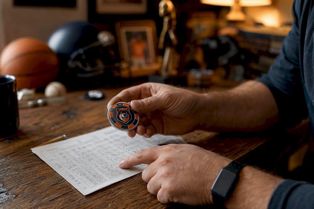 Hands holding sports odds token over betting slip
