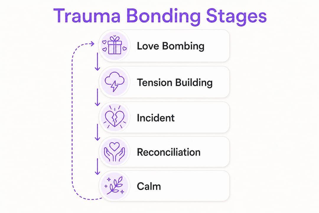 Vertical flow infographic of trauma bonding stages