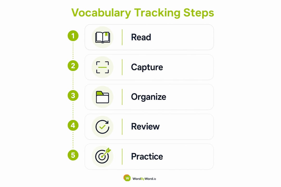 Infographic illustrating vocabulary tracking steps from reading to practice