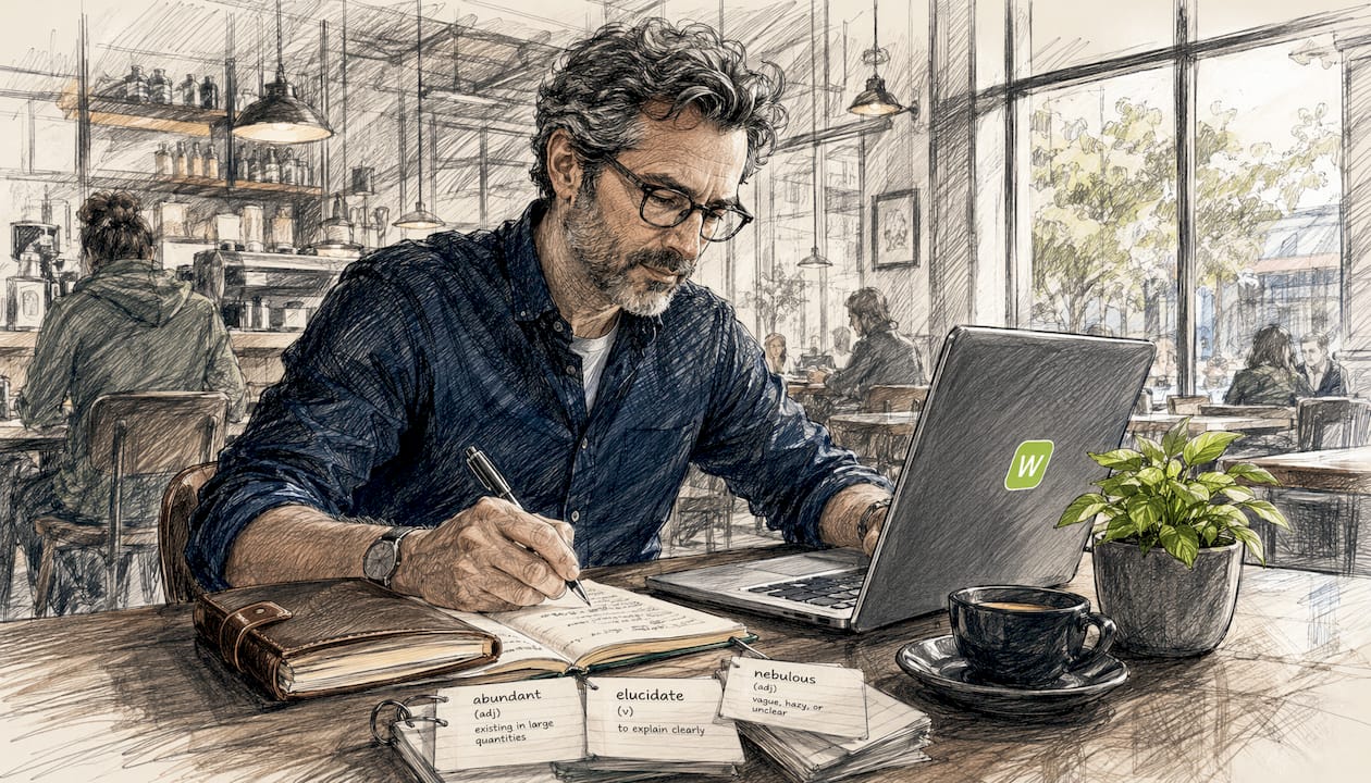 Man using tools to track vocabulary while reading