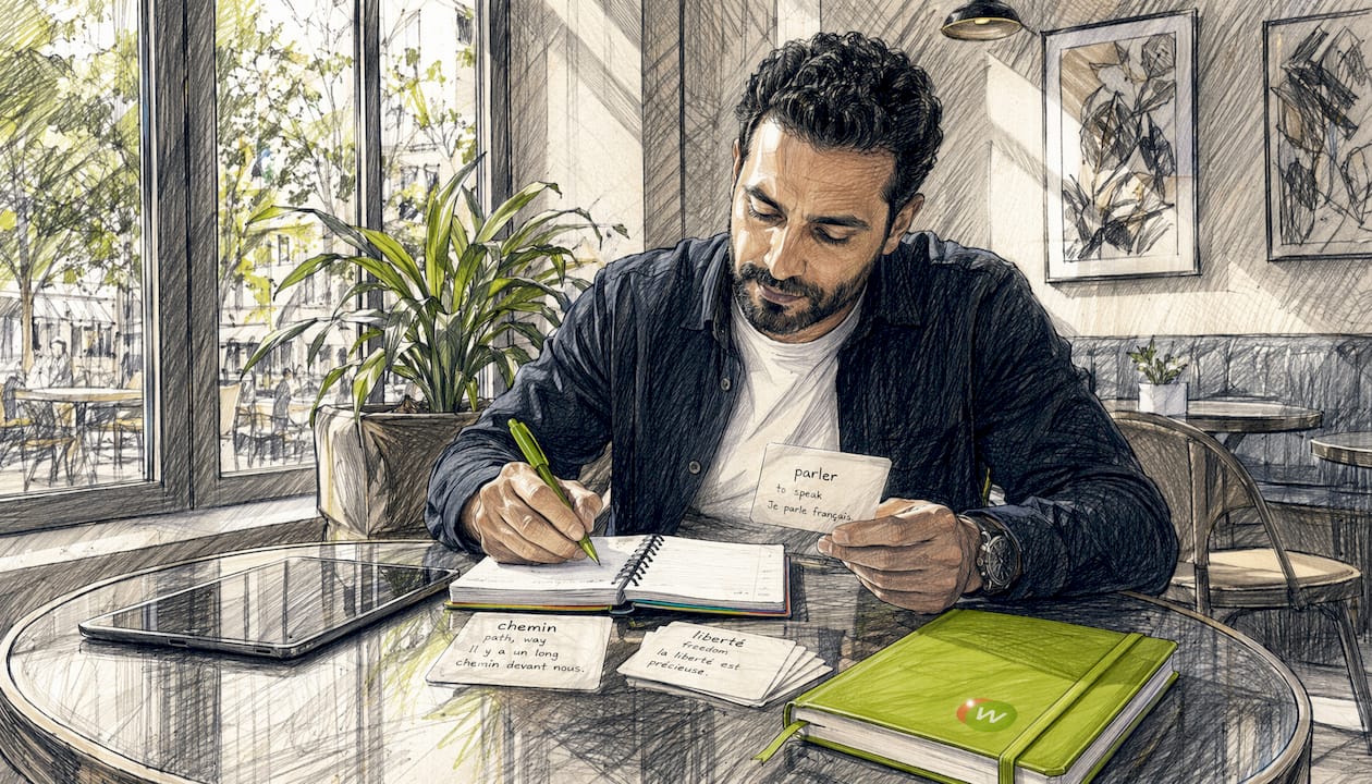 Man using GRE vocabulary app with notes
