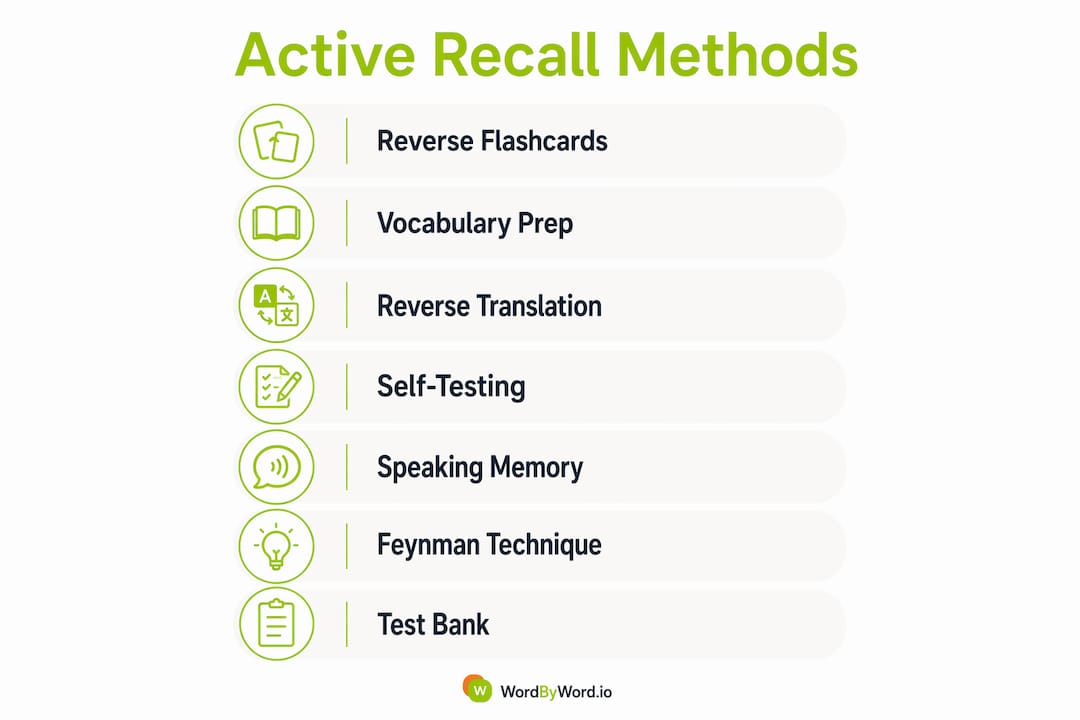 Infographic showing active recall language study steps