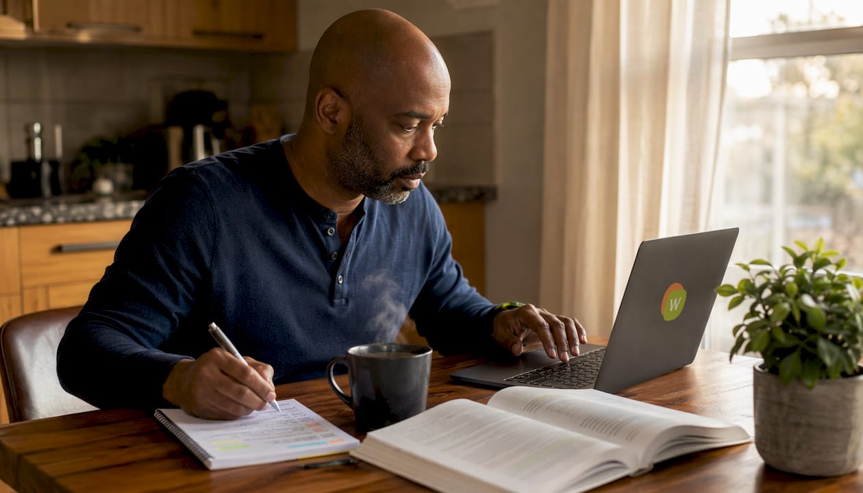 Overhead view of man using laptop for language learning at home