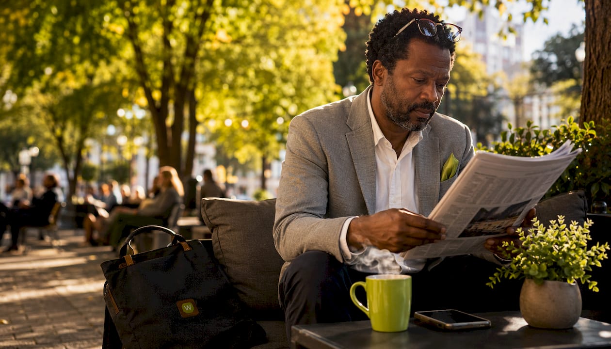 Man using translation tool while reading article outdoors