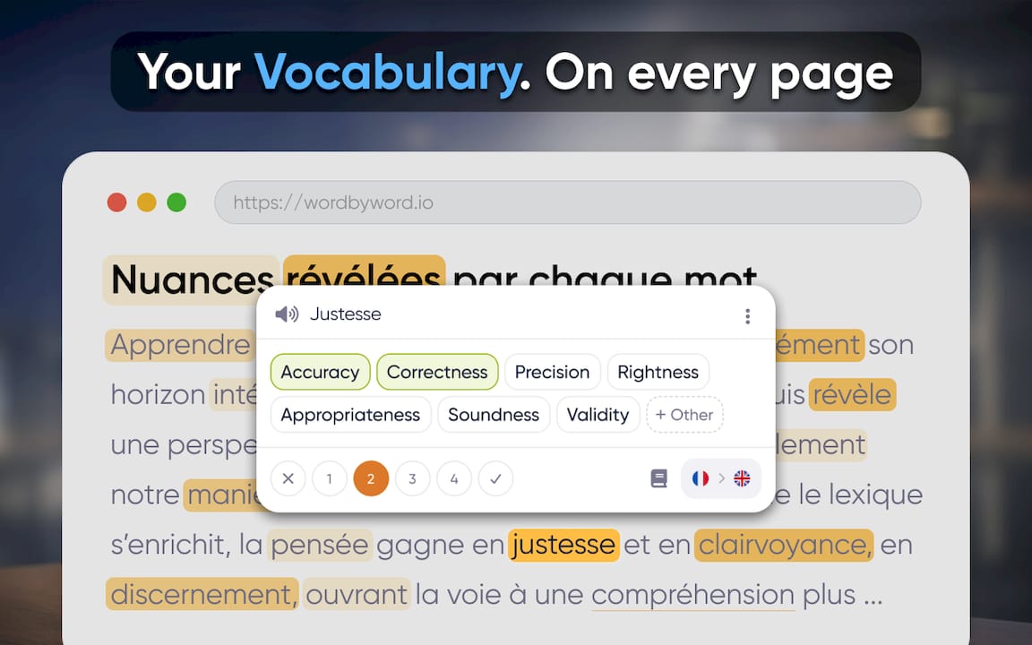 WordByWord Spotlight mode highlighting words with color-coded proficiency levels