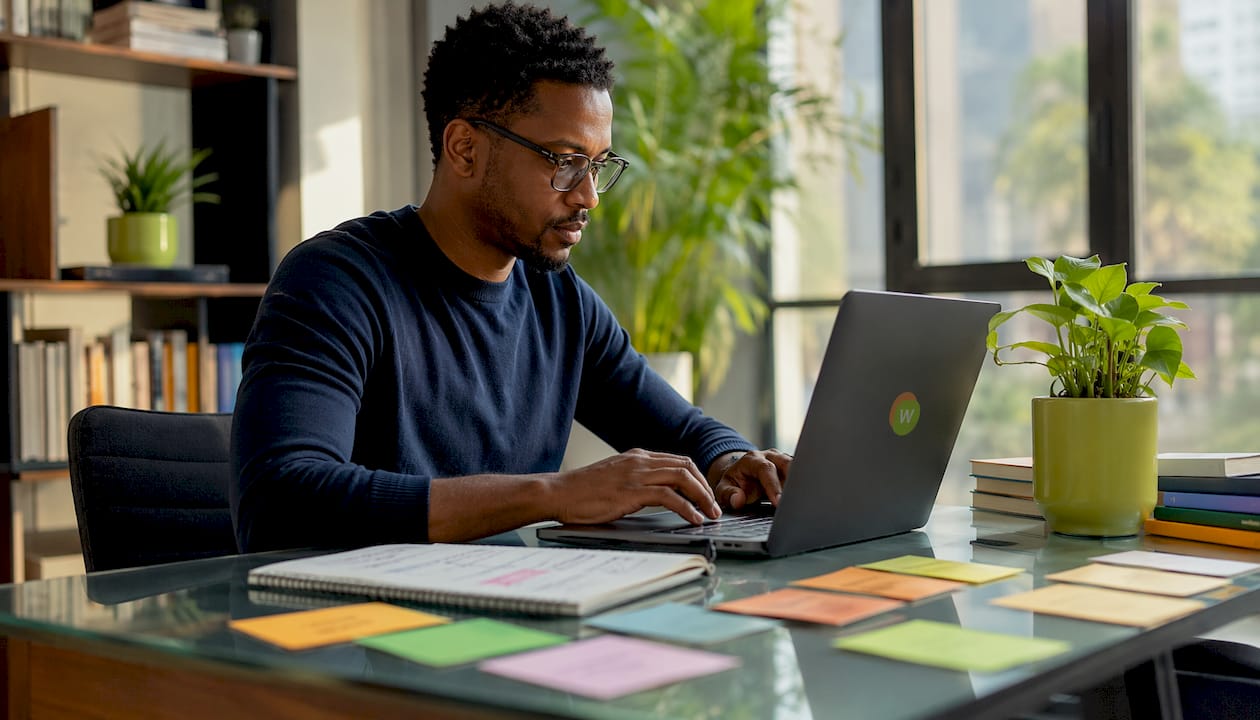 Man using laptop with handwritten notes for study integration.