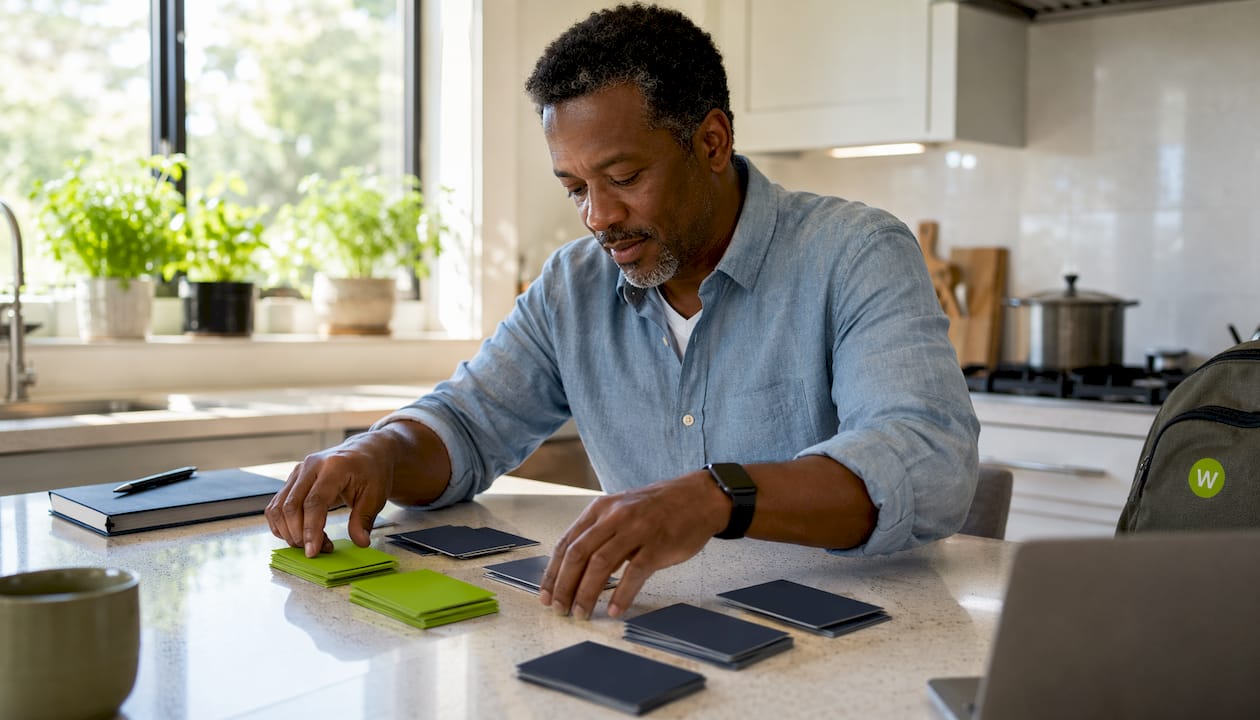 Hands holding color-coded language flashcards