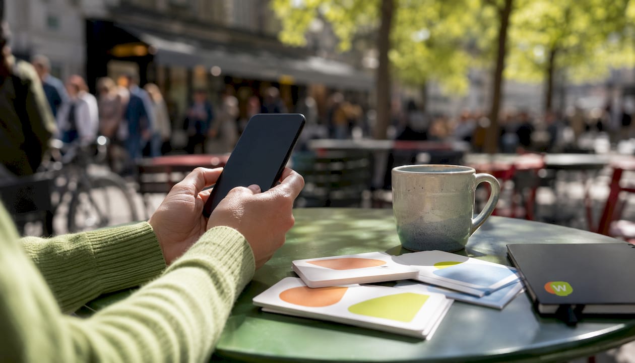 Hands holding smartphone using language app