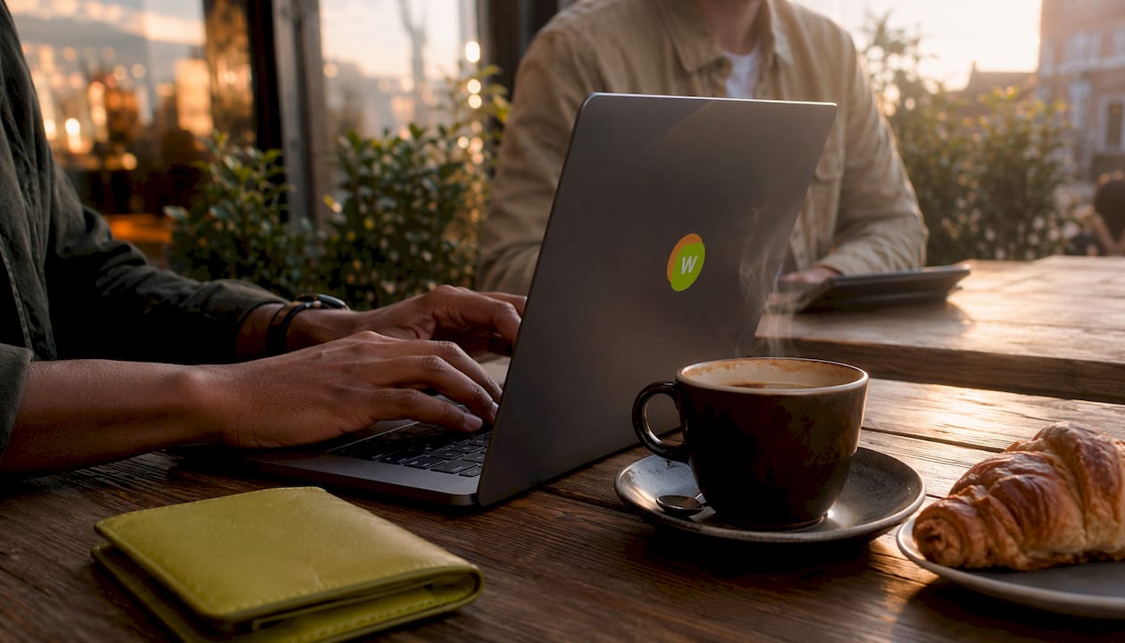 Hands typing on laptop in café setting