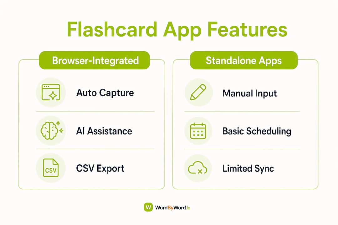 Infographic comparing browser-integrated vs standalone flashcard apps