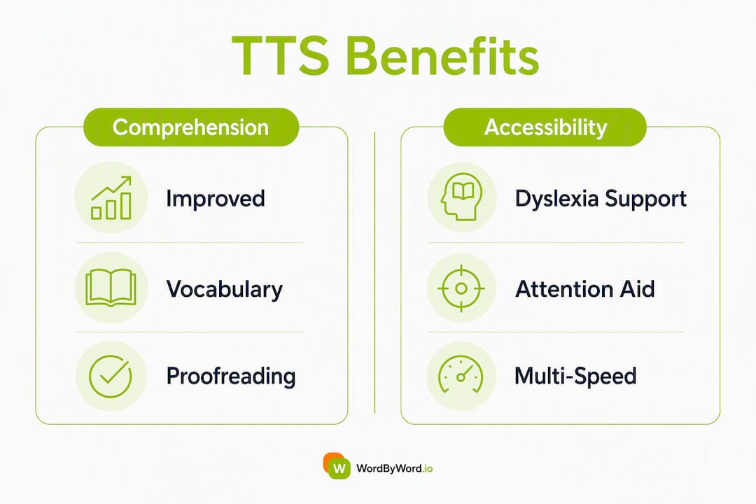 Infographic comparing TTS comprehension and accessibility benefits