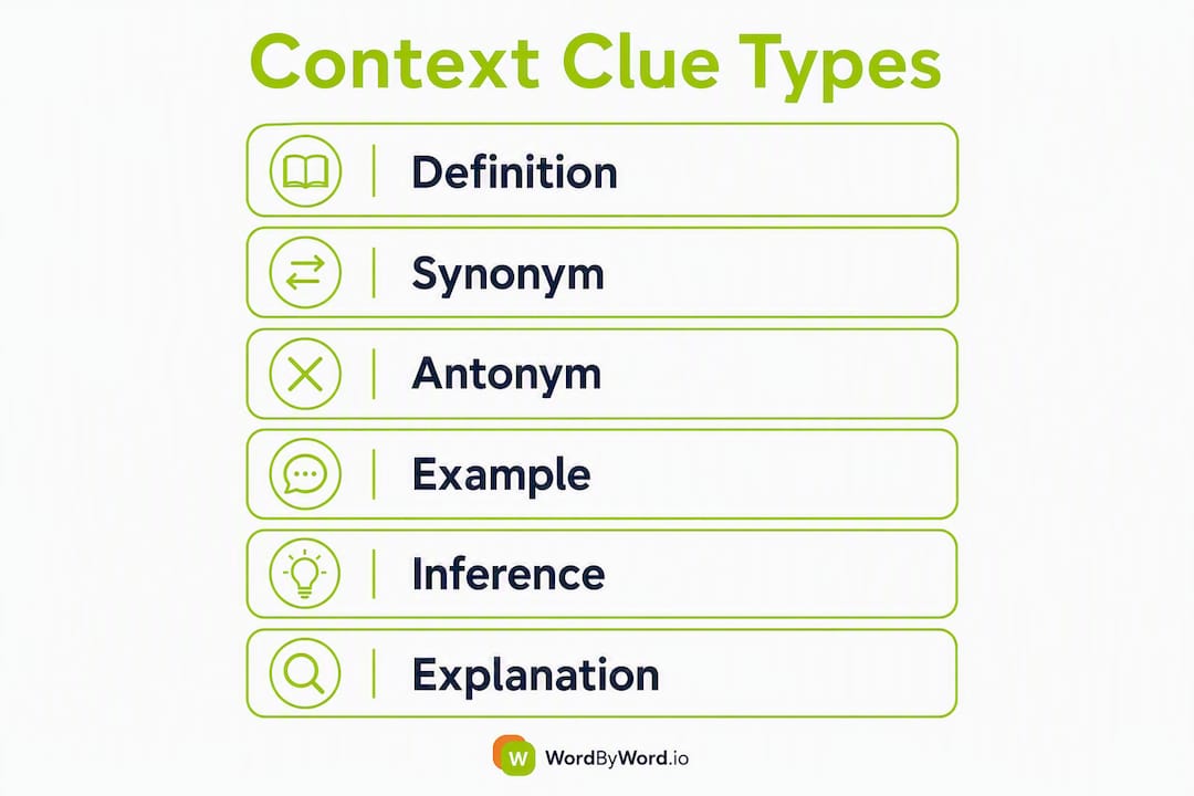 Infographic showing six types of context clues