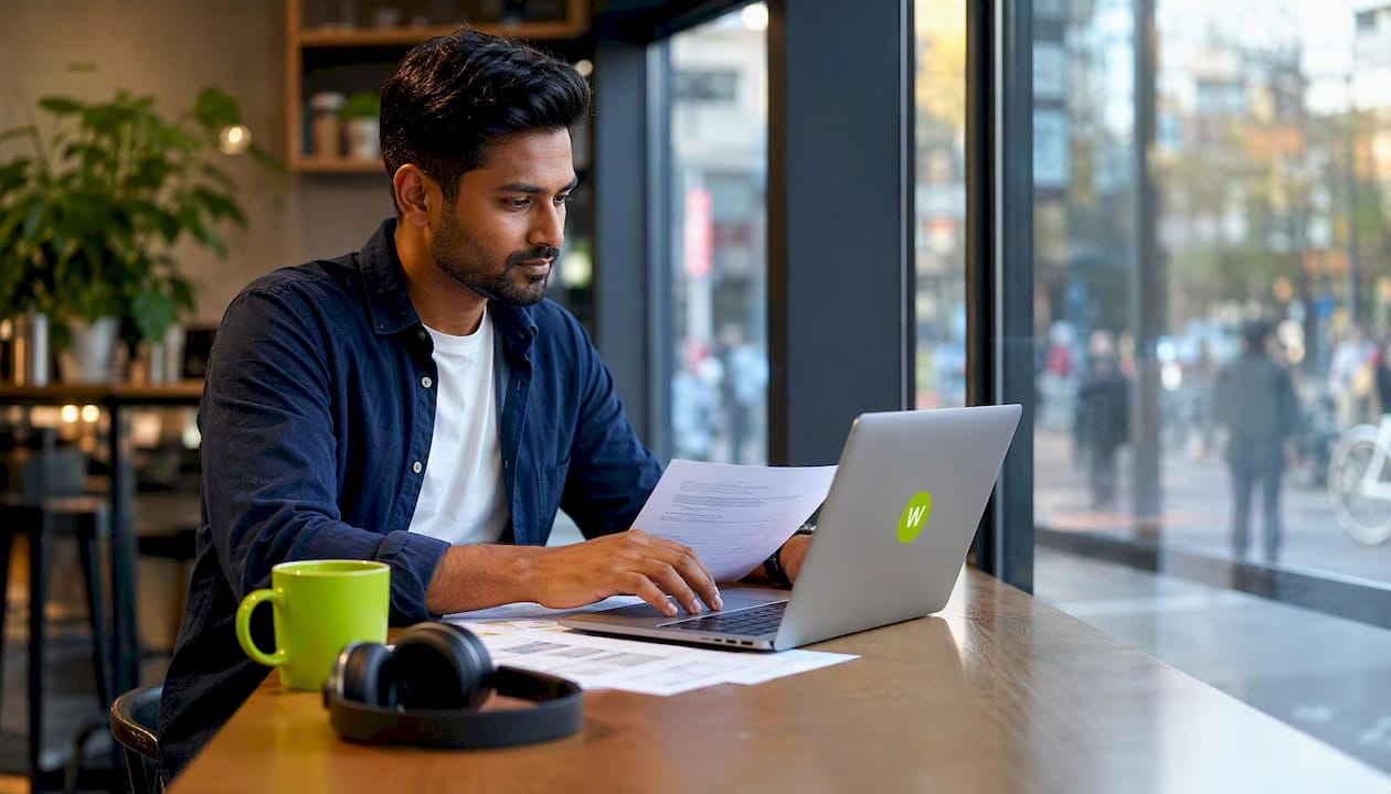 Man using click-to-translate on laptop in co-working space