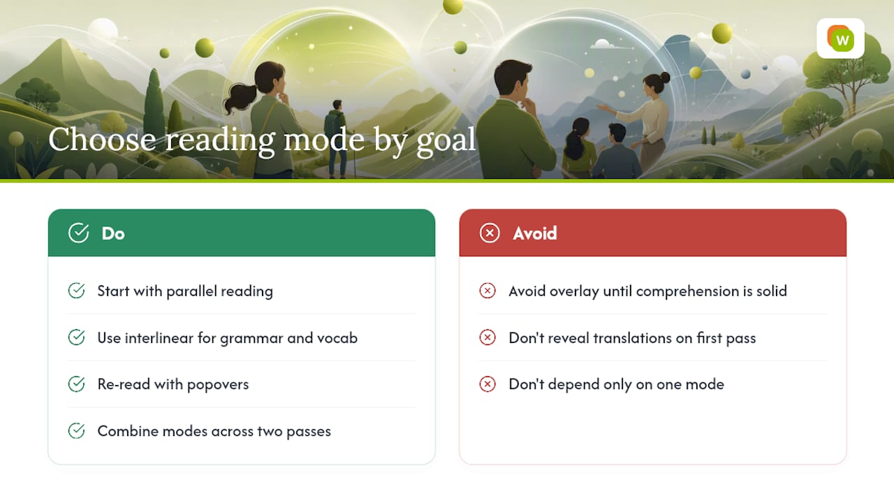 Which bilingual reading mode fits your level and goals? — overview diagram
