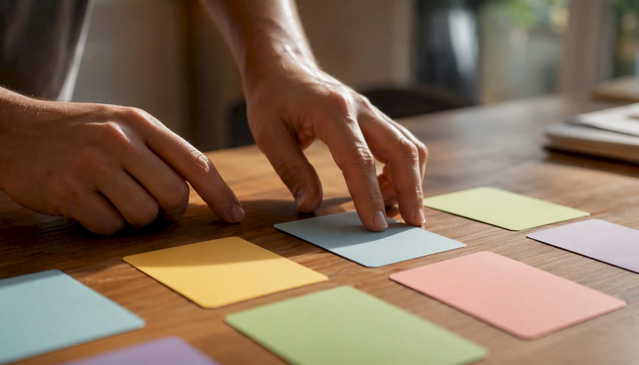 Hands studying language flashcards