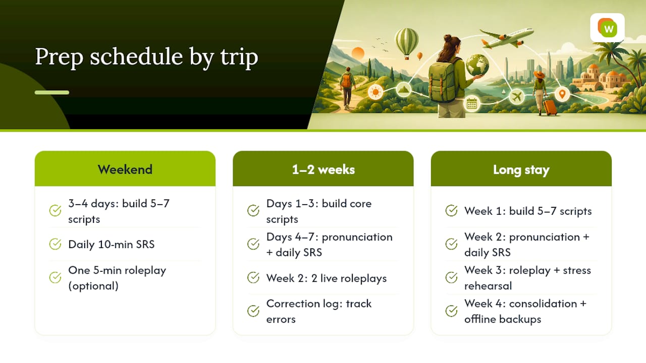 Diagram comparing travel vocabulary prep schedules by trip length