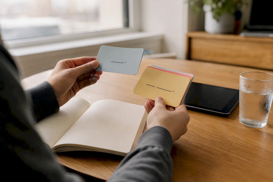 Hands holding collocation gap-fill flashcards