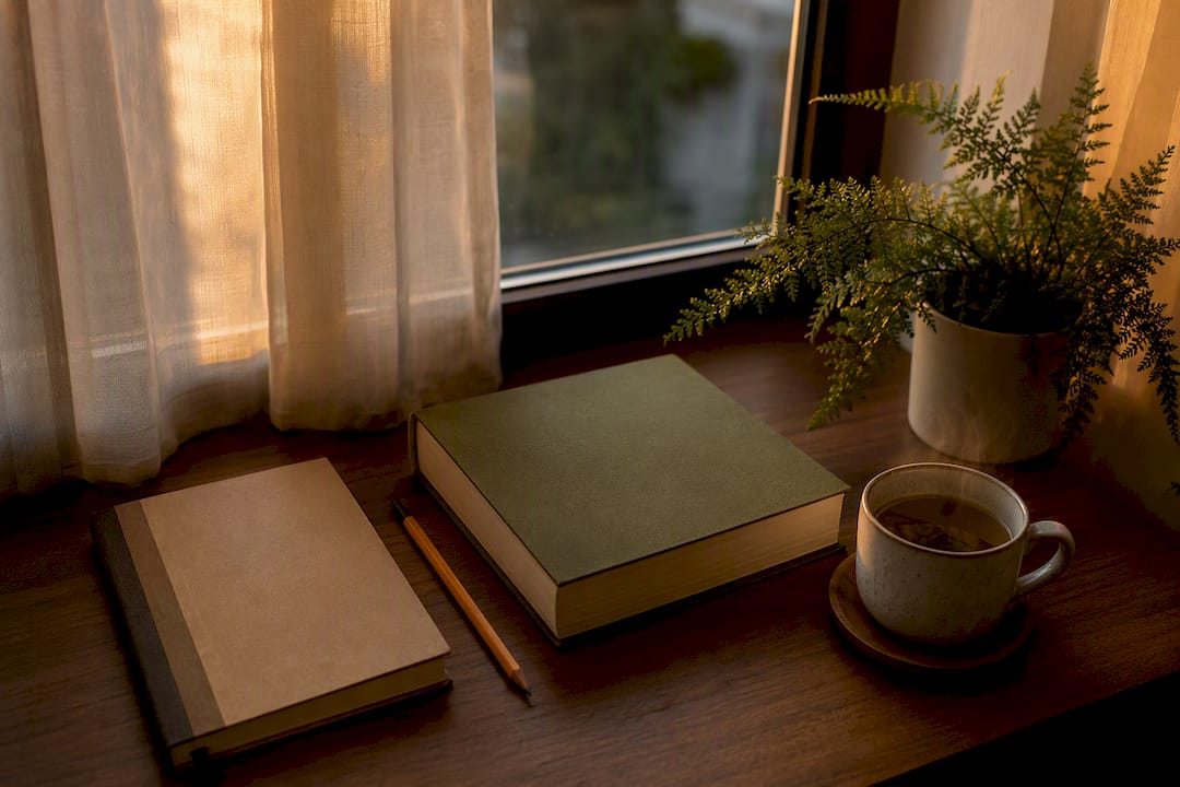 Quiet study desk with notebook and tea
