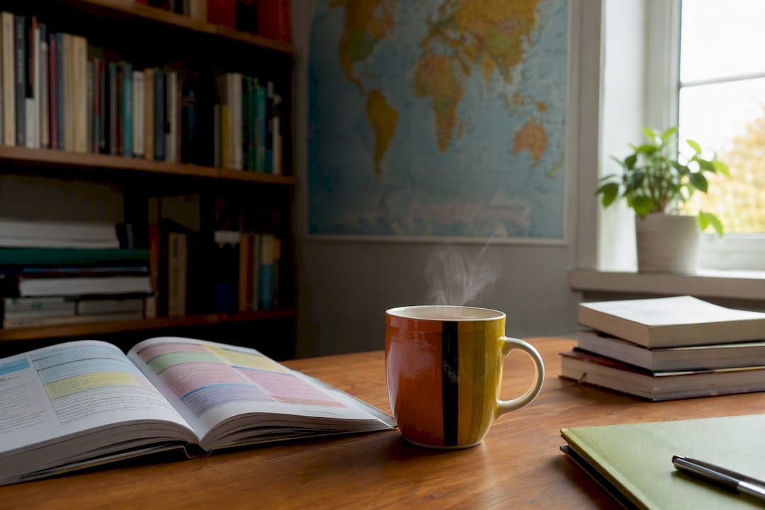 Table with map, glasses, and phrasebook for cultural learning