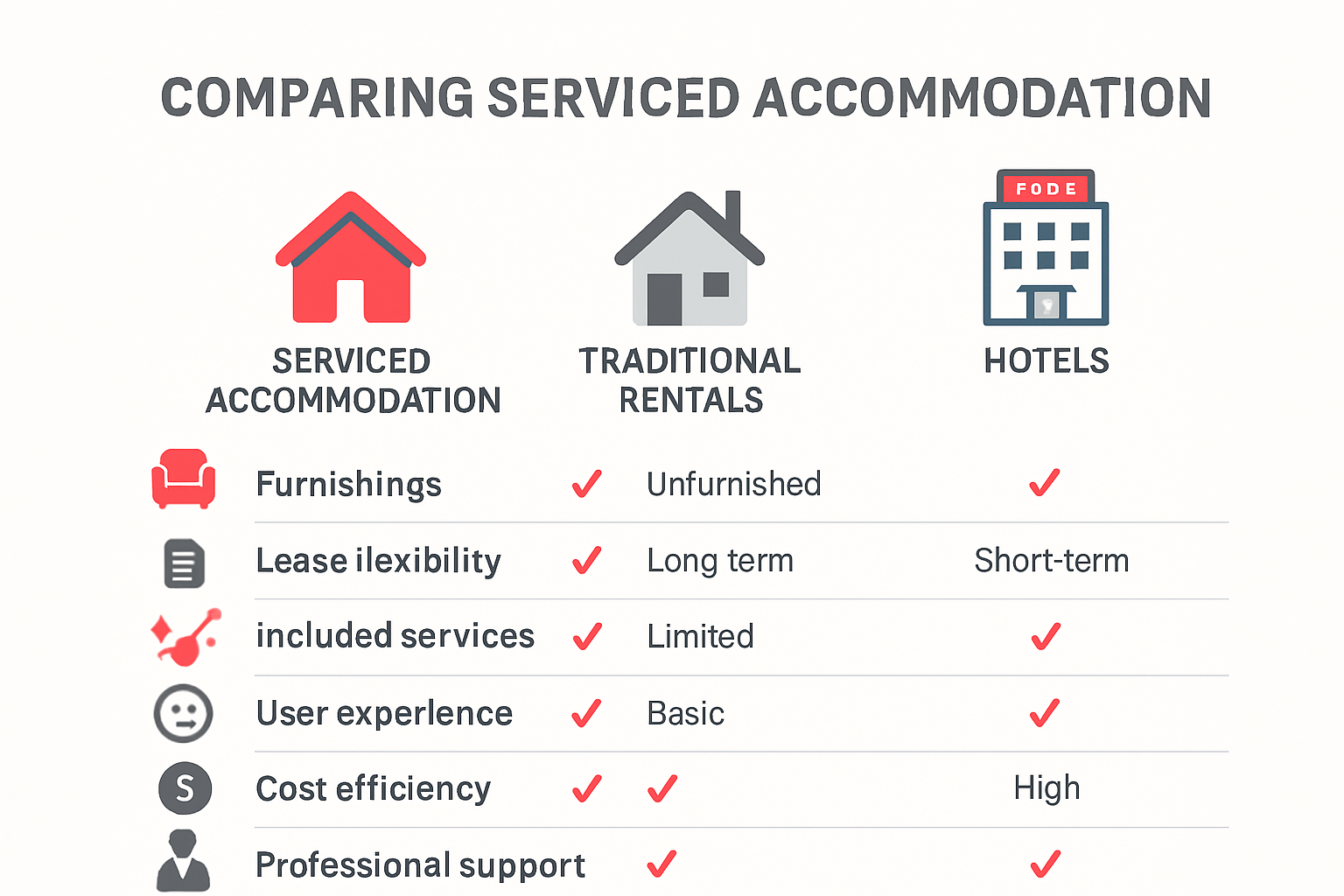 Infographic highlighting main differences between serviced accommodation, hotels, and rentals