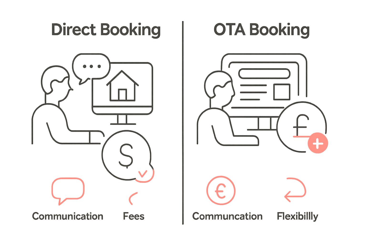 Infographic comparing direct booking and OTA booking scenarios