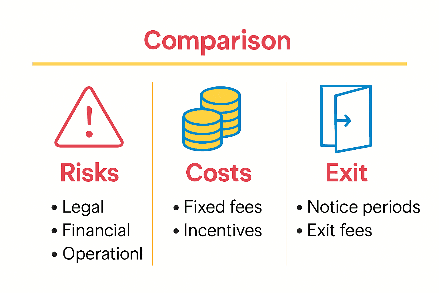 Infographic comparing risks, costs, and exit clauses of Swedish property management agreements.