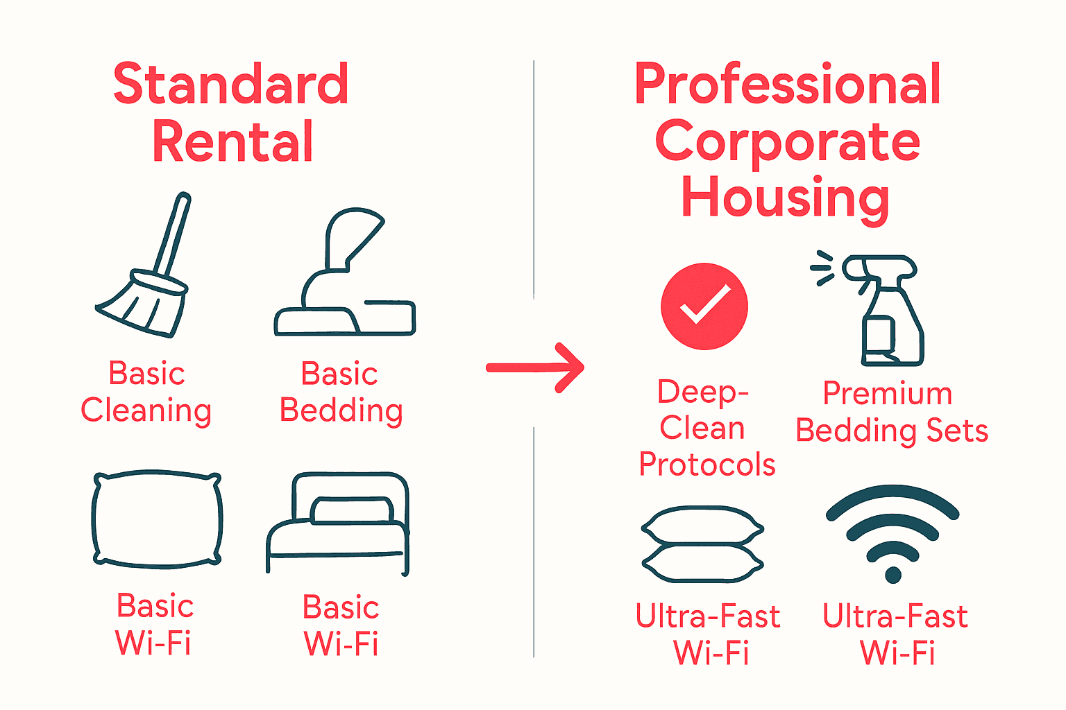 Infographic comparing standard rental versus corporate housing with icons