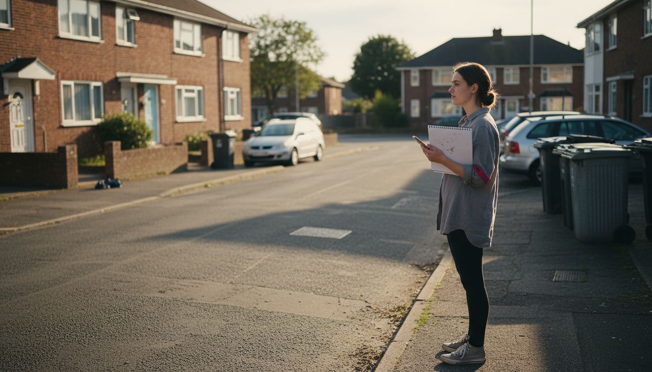 Woman assessing rental neighborhood conditions