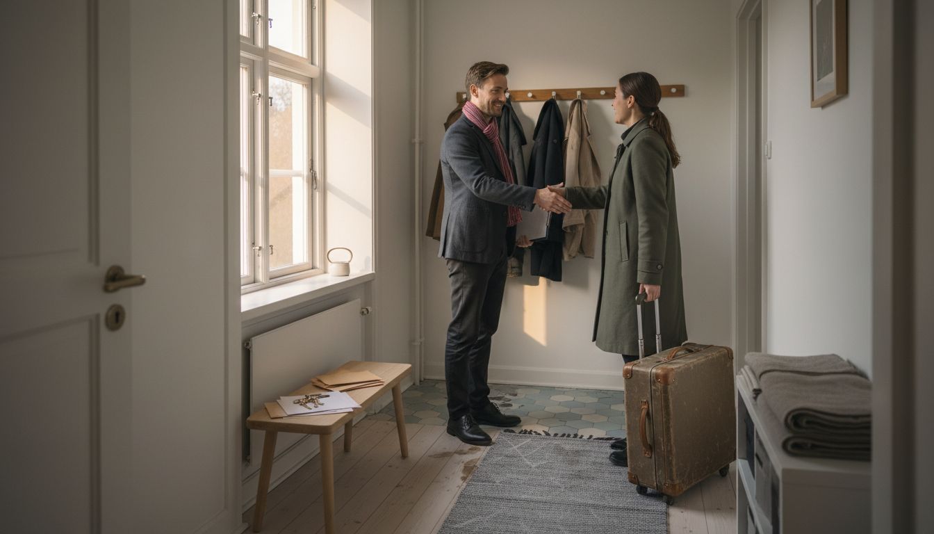 Property manager meeting guest in hallway