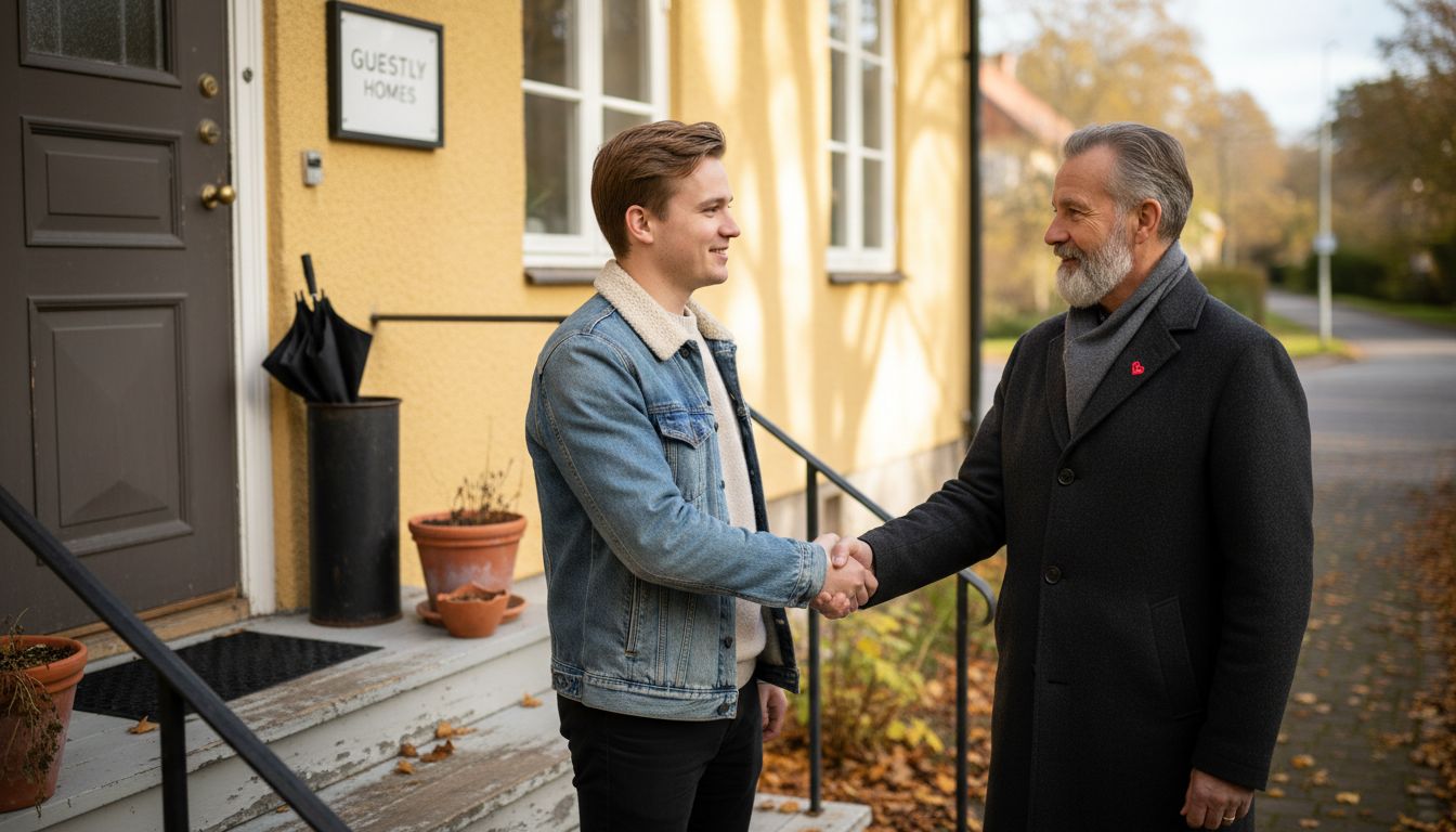 Tenant and landlord handshake at Swedish home
