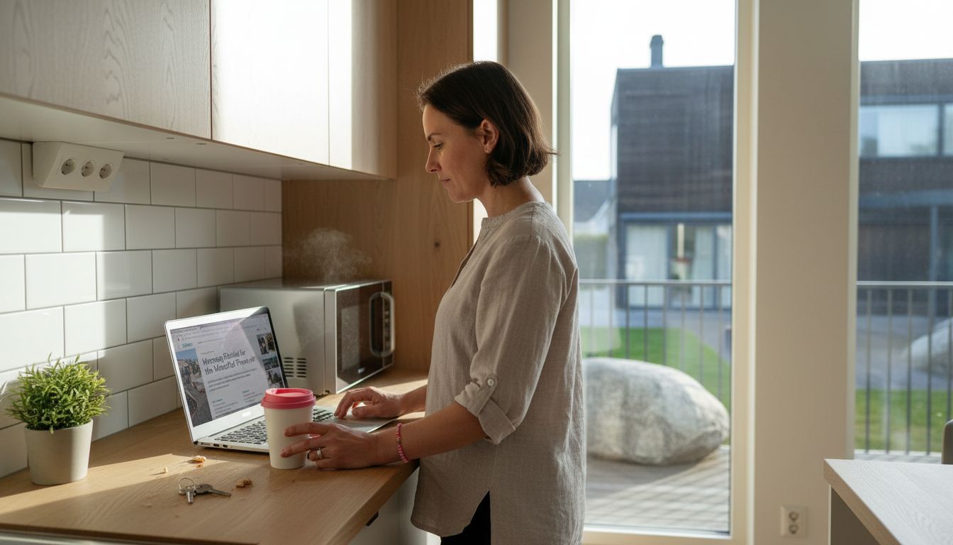 Professional multitasks in small apartment kitchen