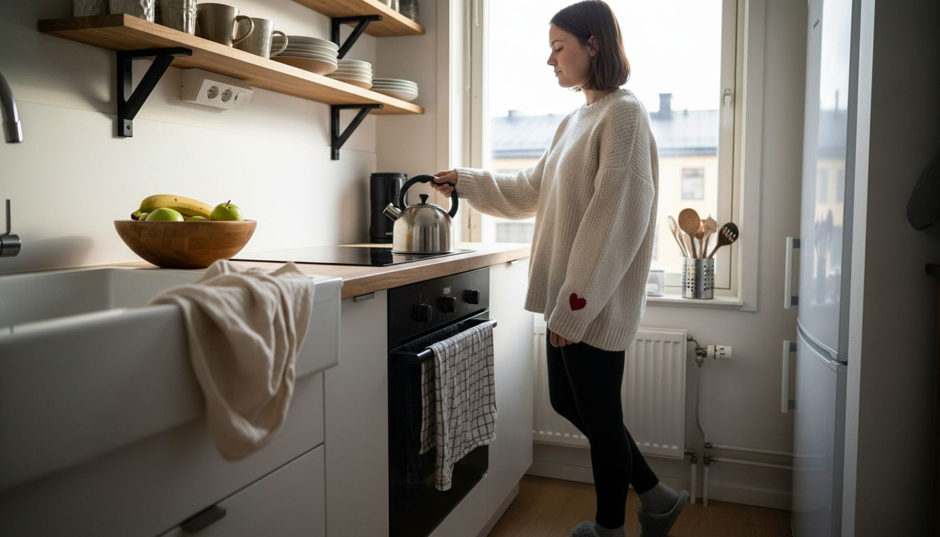 Woman preparing kitchen in serviced home