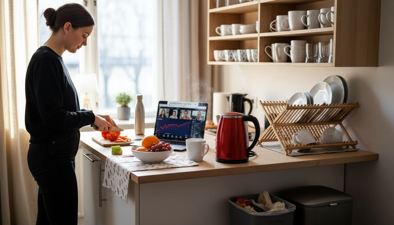 Woman multi-tasking in open kitchen workspace