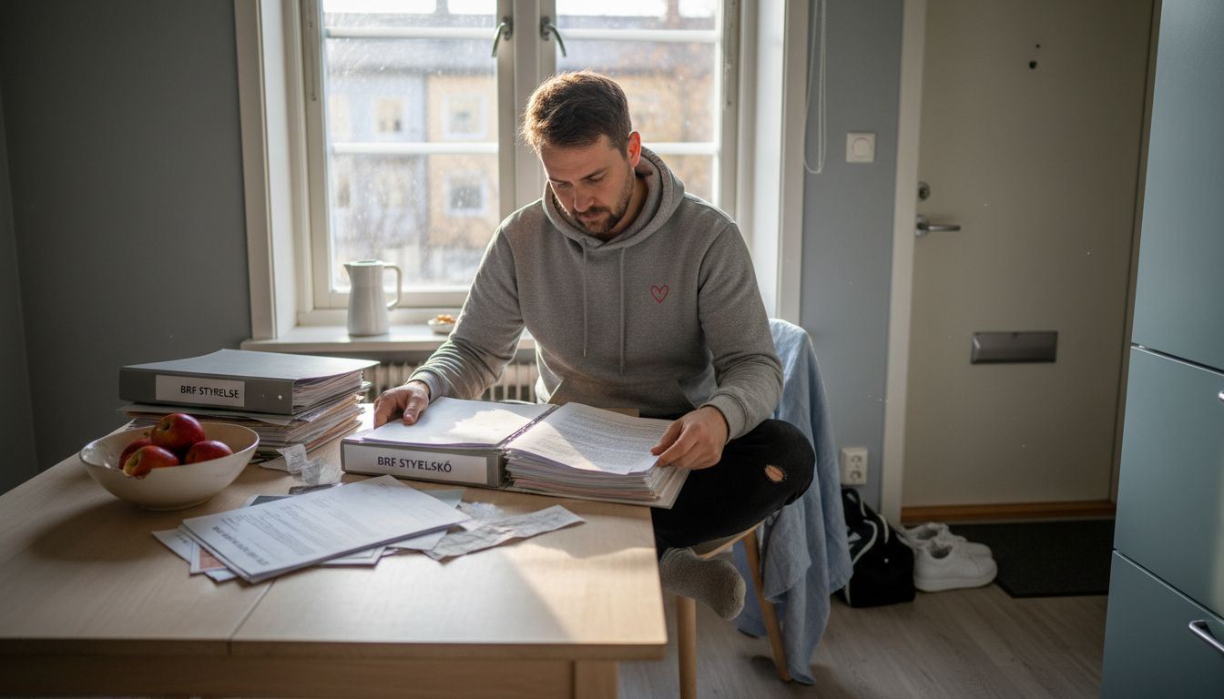 Swedish housing cooperative scene paperwork