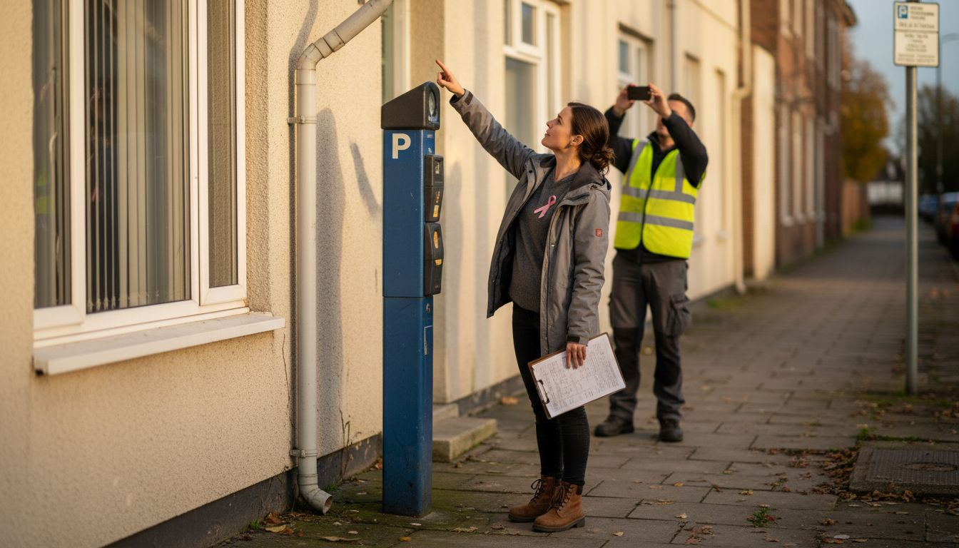 Manager highlighting repairs outside local building
