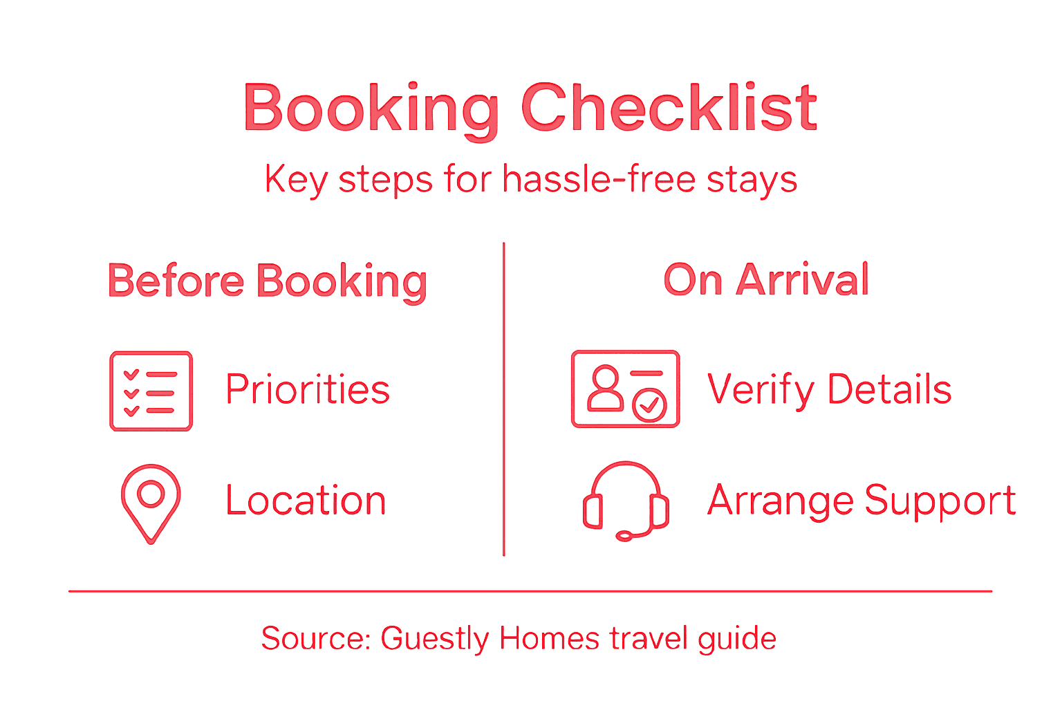 Infographic summarizing key pre-booking checklist steps