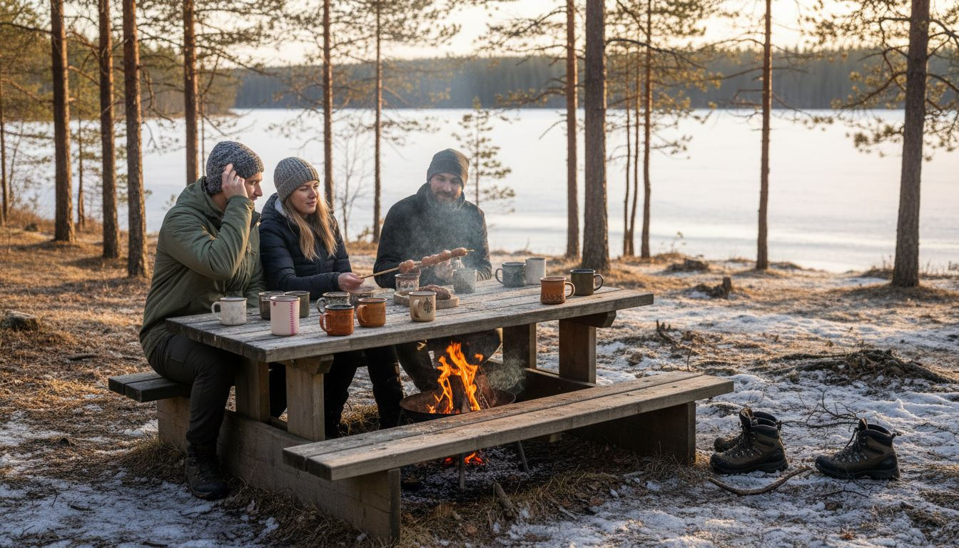 Friends sharing outdoor meal in winter woods
