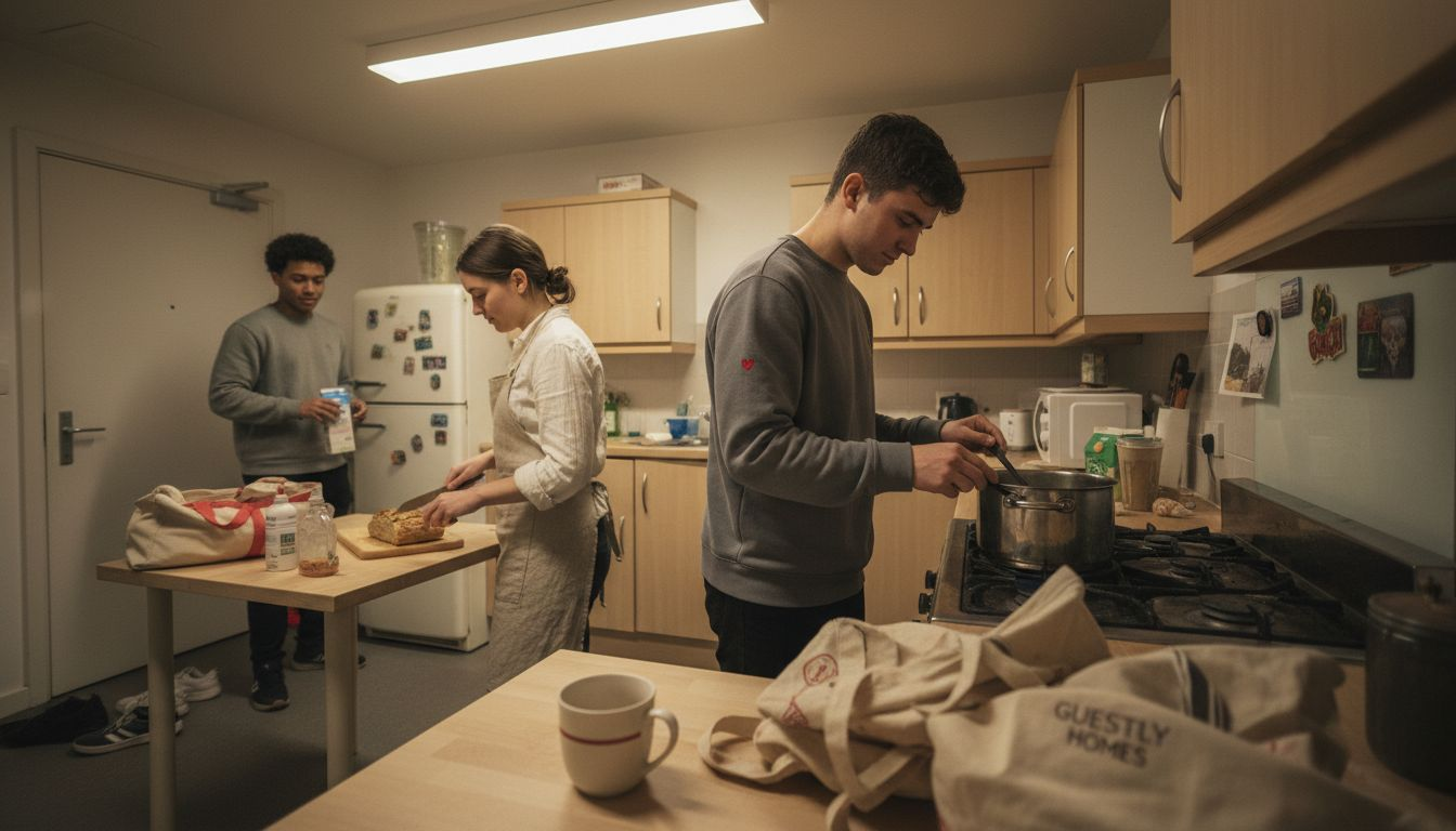 Residents cooking together in shared foyer kitchen