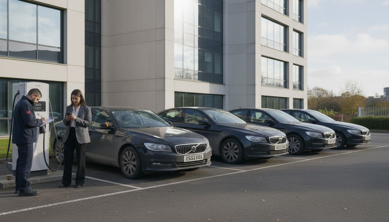 Company cars parked outside office headquarters