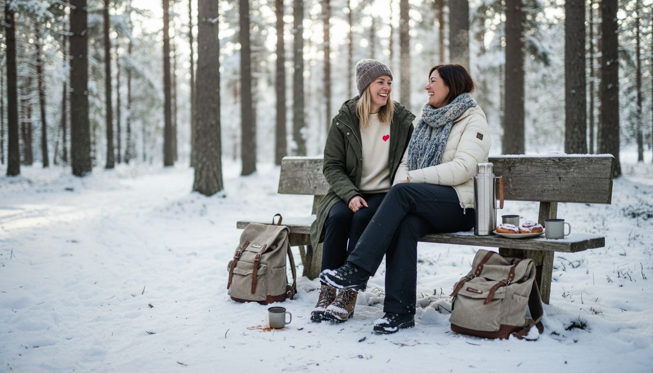 Women enjoying fika in snowy pine forest