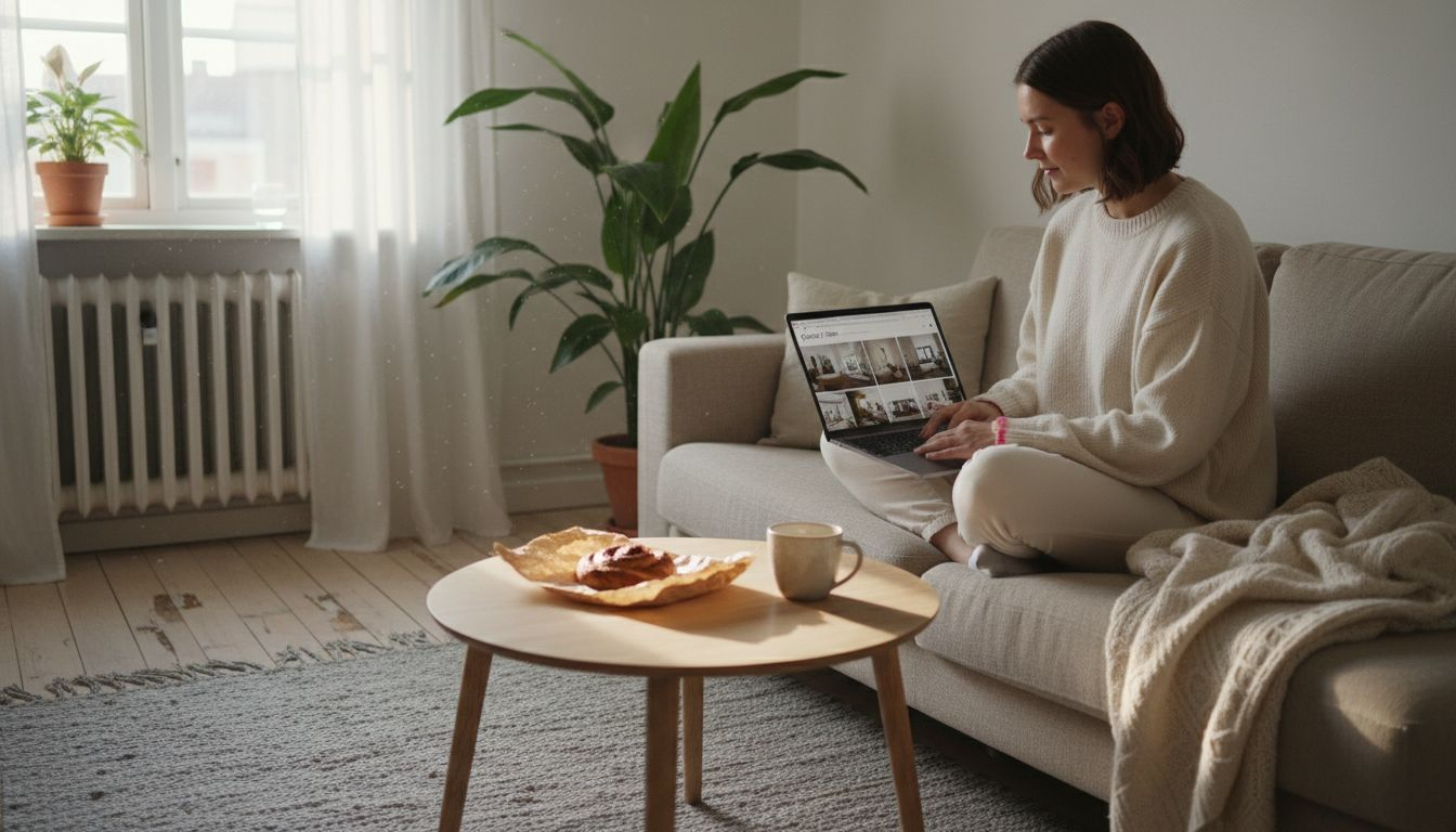 Woman browsing Swedish rental interior