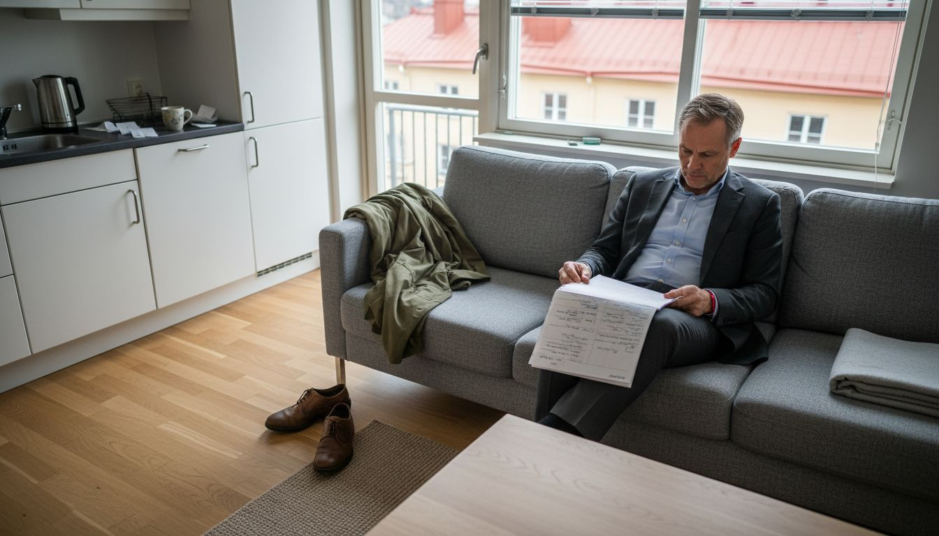 Man reading in Swedish corporate flat living room