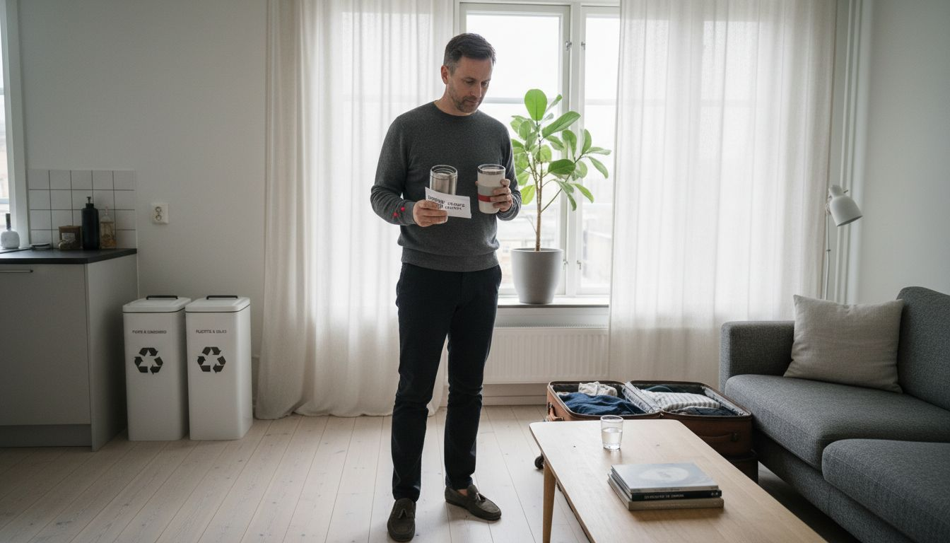 Manager reviewing sustainable accommodation in Swedish apartment